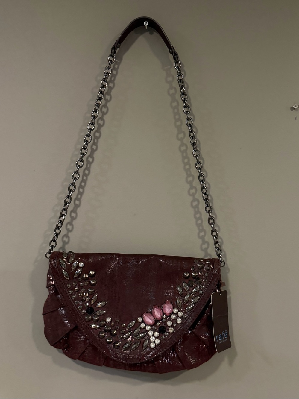NWT Vintage Rafe New York Jeweled Metallic Leather Clutch Y2K Burgundy